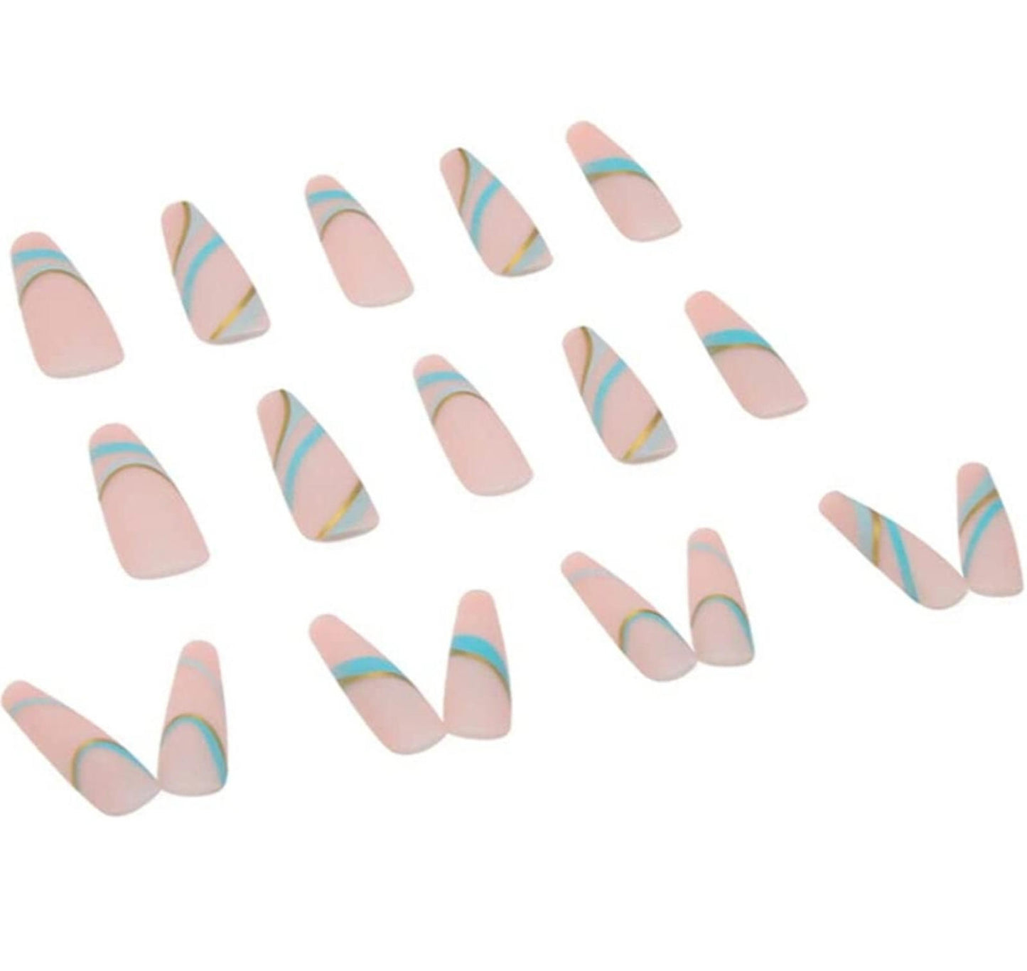 24 Press on nails Kit w Glue Matte turquoise nude greek goddess gold extra long