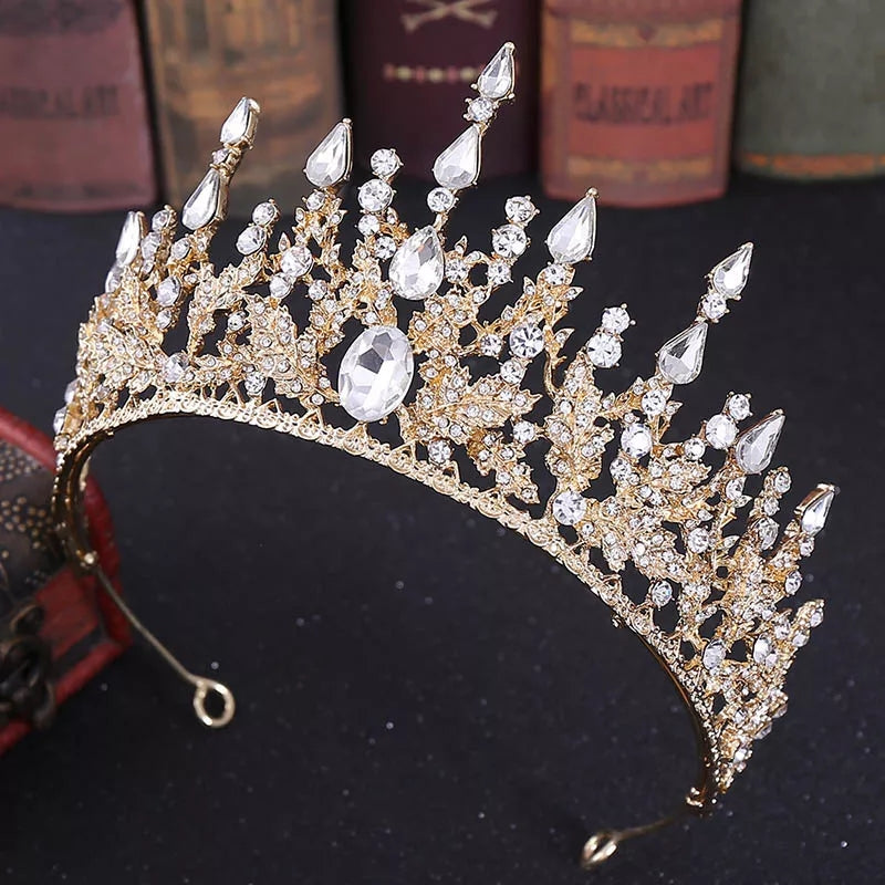 Spiky Gold Crystal Tiara Crown Detail Princess Queen headdress bridal Halloween cosplay diadem swirl wedding pageant ice