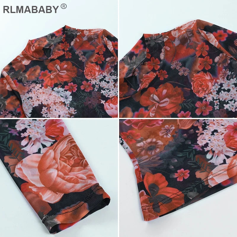 Elegant Rose Sheer Mesh Going out tops for women long sleeve full waist shirt floral colorful see through black red