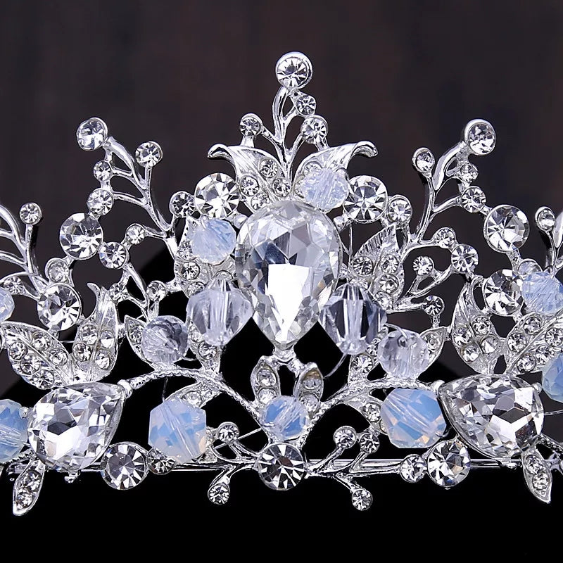 Silver Light blue Tiara Crown Detail Princess Queen headdress jewelry bridal cosplay diadem Wedding pageant royalty metal crystal