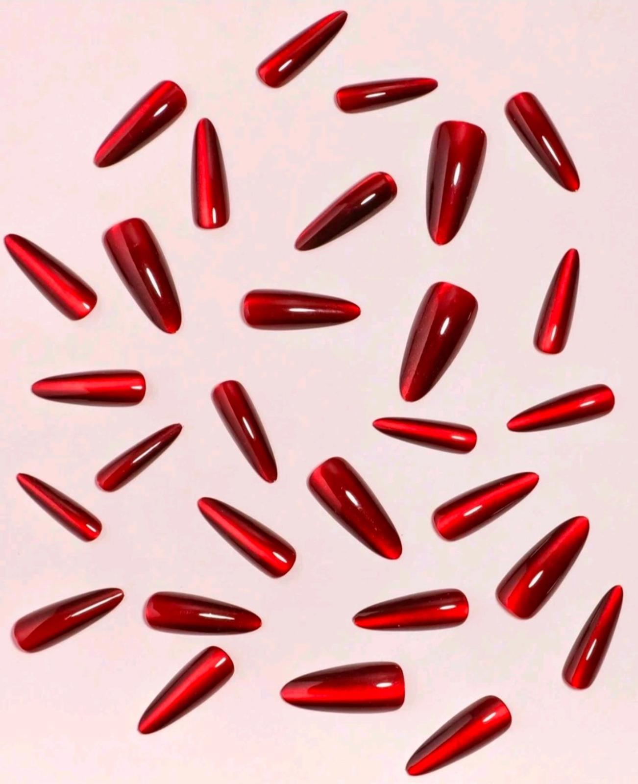 24 Red CAT EYE Press On Nails with glue extra long stiletto magnet galaxy