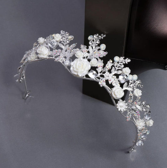 Floral white silver Tiara Crown Detailed Princess Queen cosplay diadem crystal real metal