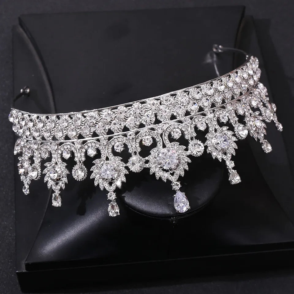 Icy Vintage Silver Tiara leaf Crown Set Princess Queen gift bridal real metal cosplay diadem Wedding pageant crystal