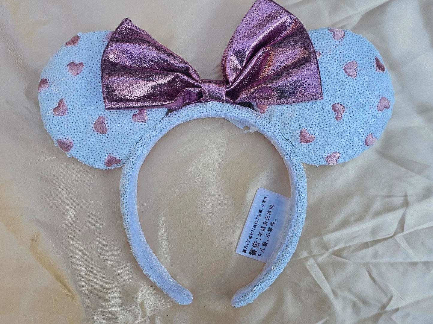 Pink Bow Disney Parks Minnie Mouse Ears White Sequin Pink Heart Headband