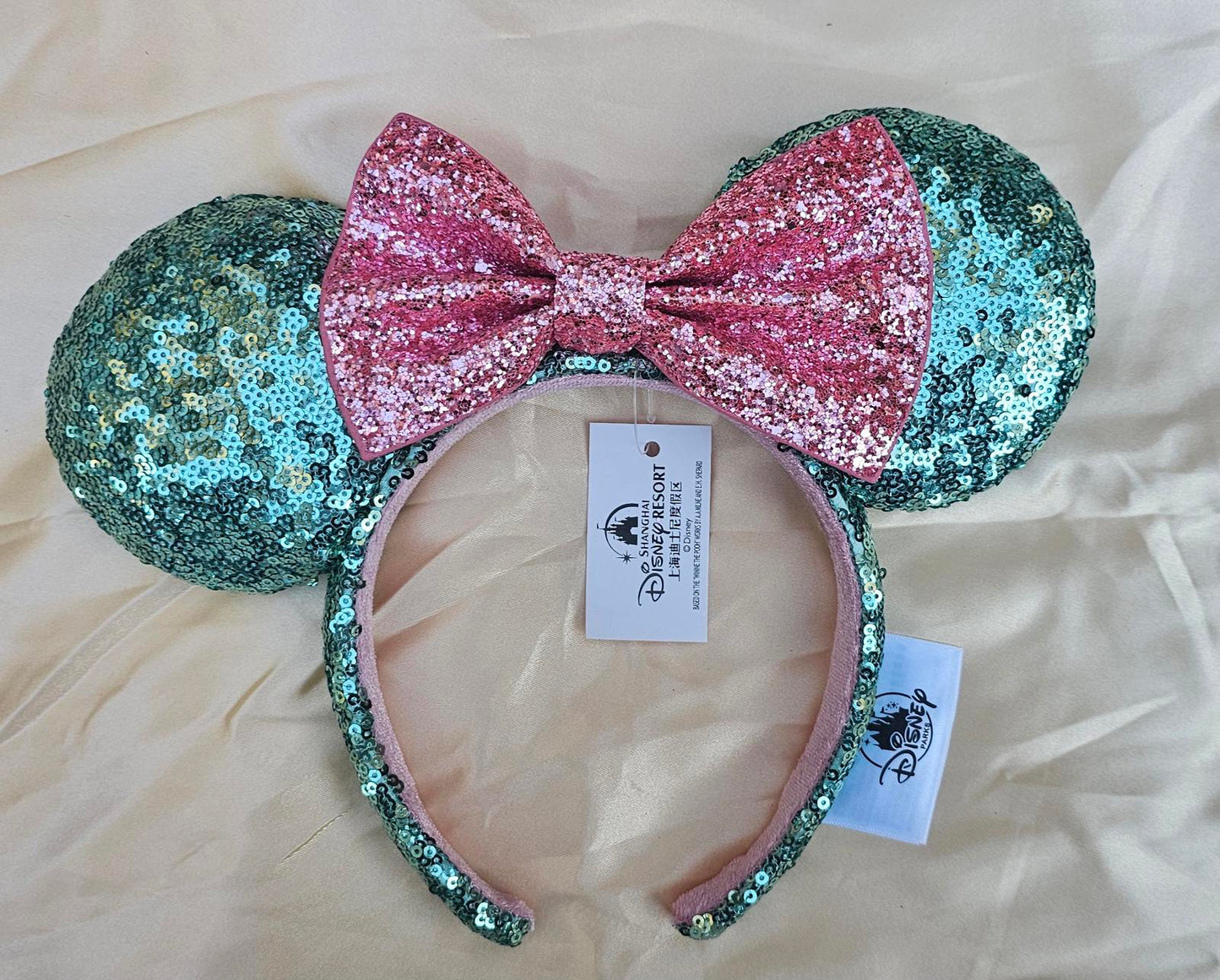 Pink Sugar Rush Bow Green Sequin Minnie Mouse Ears Glitter Headband