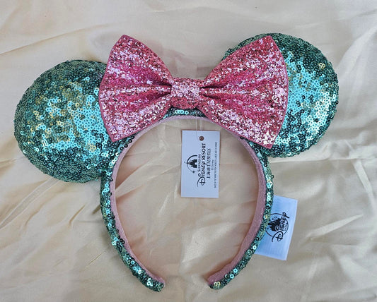 Pink Sugar Rush Bow Green Sequin Minnie Mouse Ears Glitter Headband