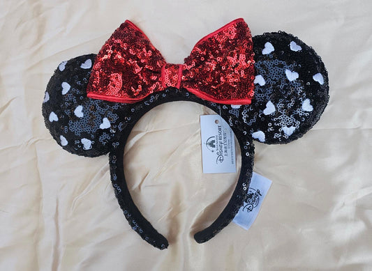 Black Sequin Disney Parks Ears Exclusive White Heart Red Bow Headband
