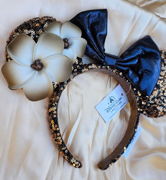 Disney Parks Resort Rare Minnie Mouse Ears Headband Brown sequin flower hawaii