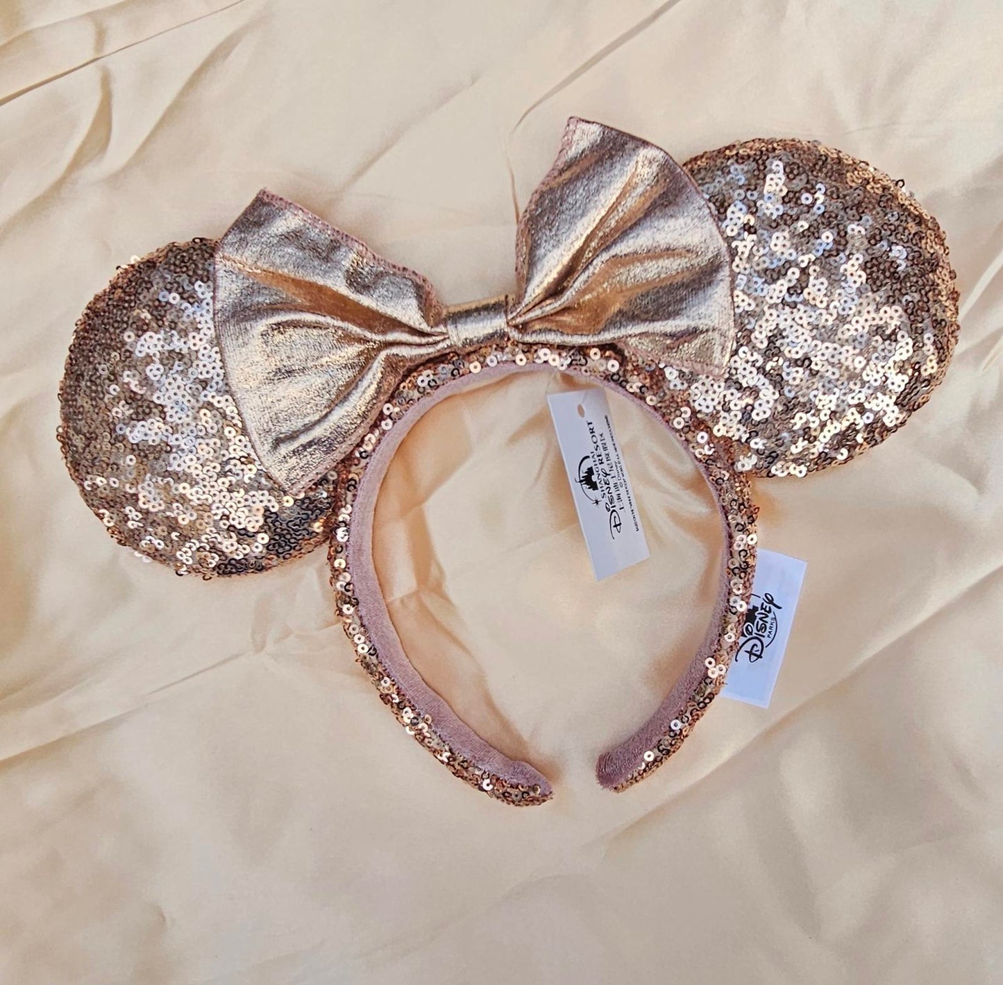 Disney Parks Rose Gold Sequin Bow Minnie Ears Headband Sparkly Bling NWT