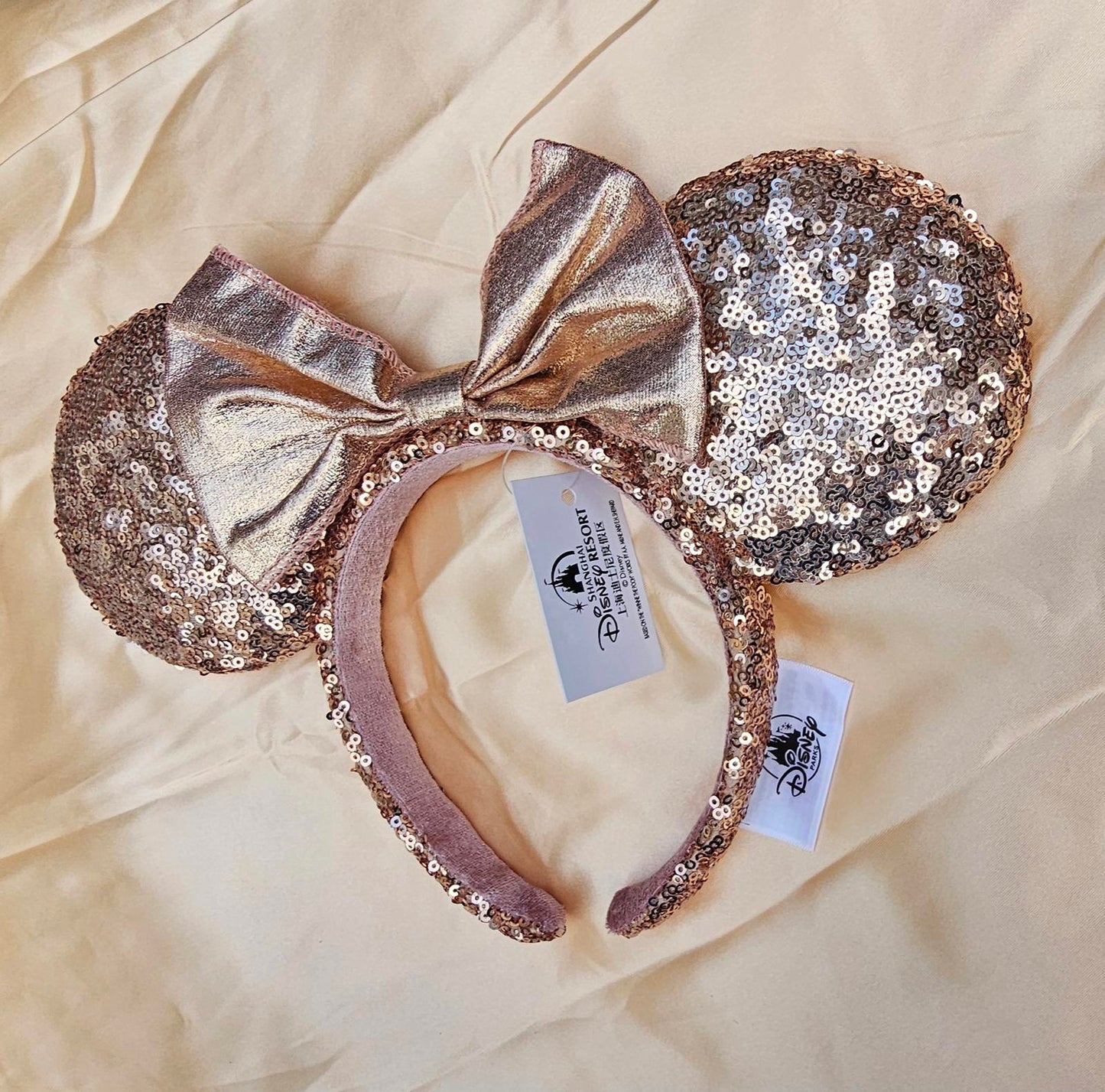 Disney Parks Rose Gold Sequin Bow Minnie Ears Headband Sparkly Bling NWT