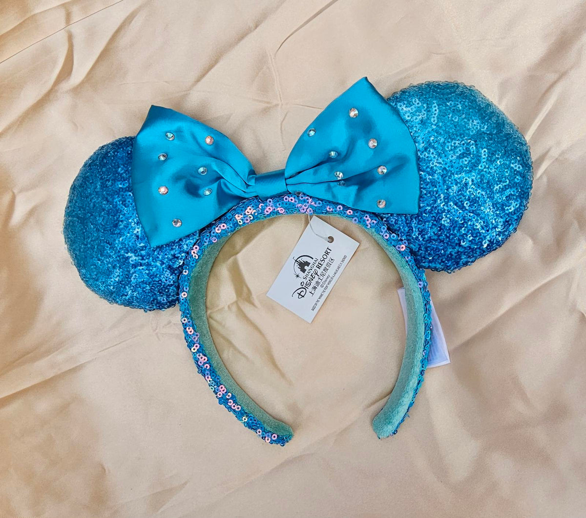 Cinderella Blue Rhinestone Bow Sequined Minnie Mouse Ears Headband