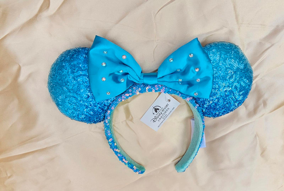 Cinderella Blue Rhinestone Bow Sequined Minnie Mouse Ears Headband