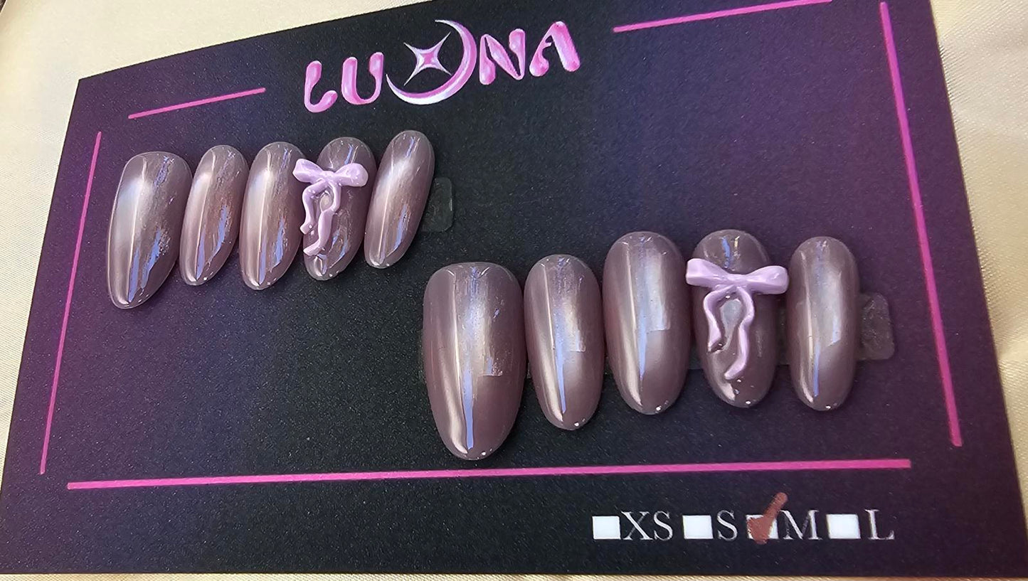 Handmade Cat eye Pink Bow Press on Nails kit with glue