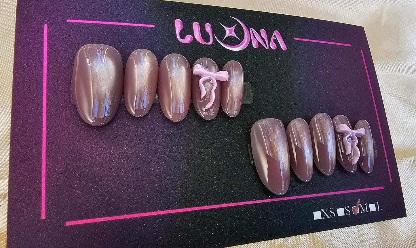 Handmade Cat eye Pink Bow Press on Nails kit with glue