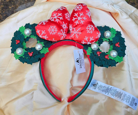 Disney Parks Ears Minnie Christmas Holiday Pearl 2021 Wreath Bow Headband