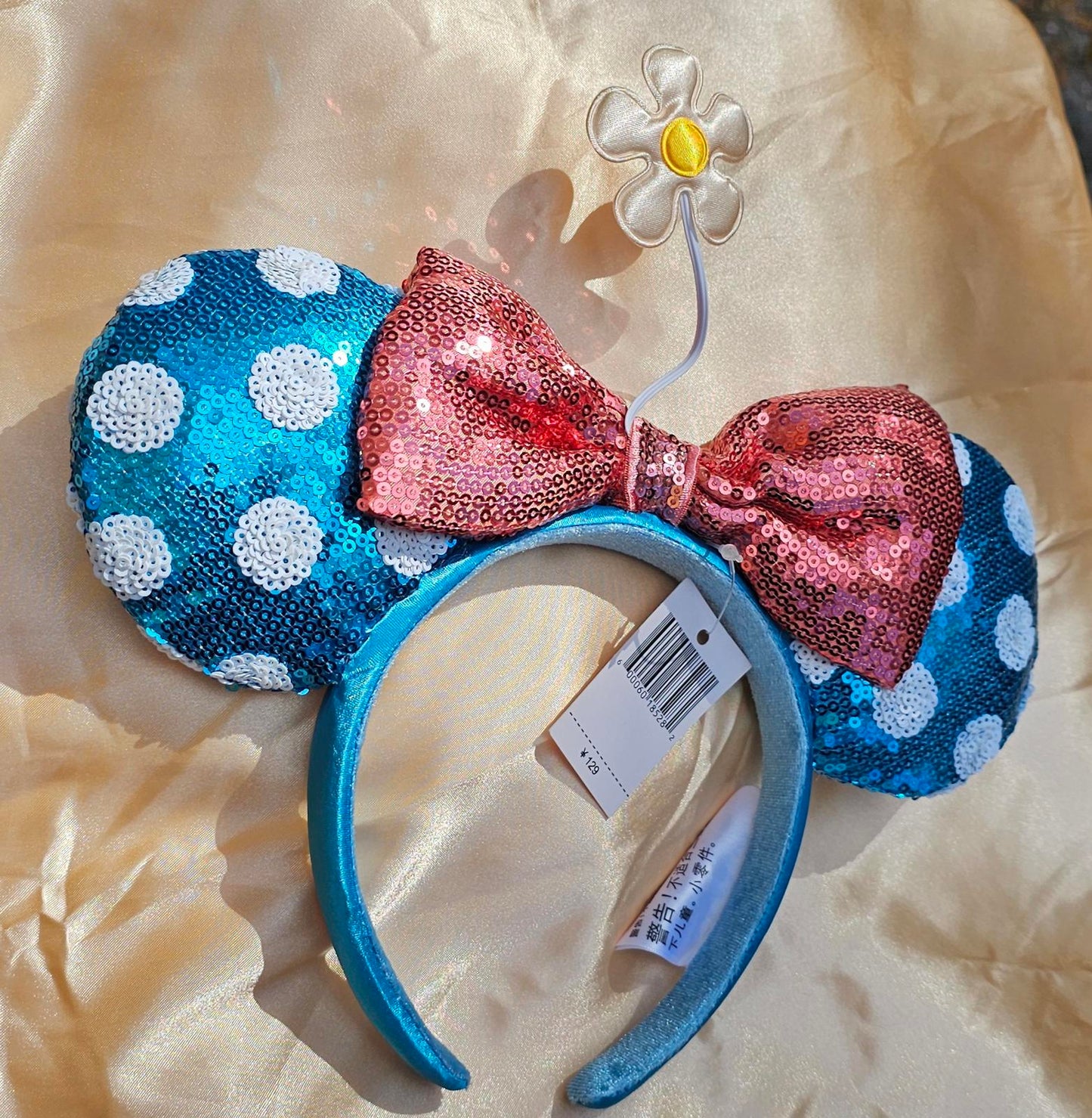 Disney Parks White polka dot blue Minnie Ears Bow Sequin Little Flower Headband