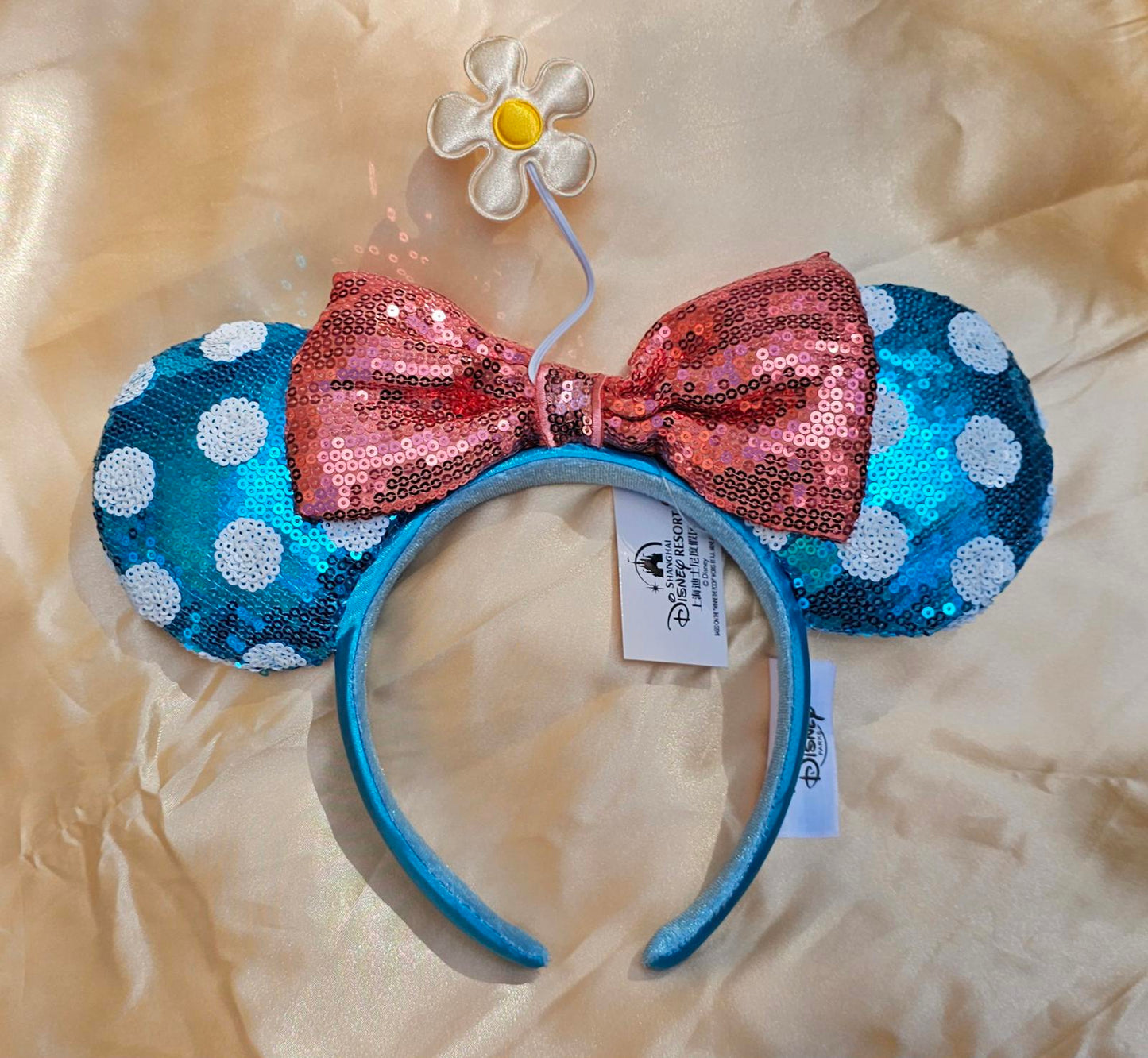 Disney Parks White polka dot blue Minnie Ears Bow Sequin Little Flower Headband