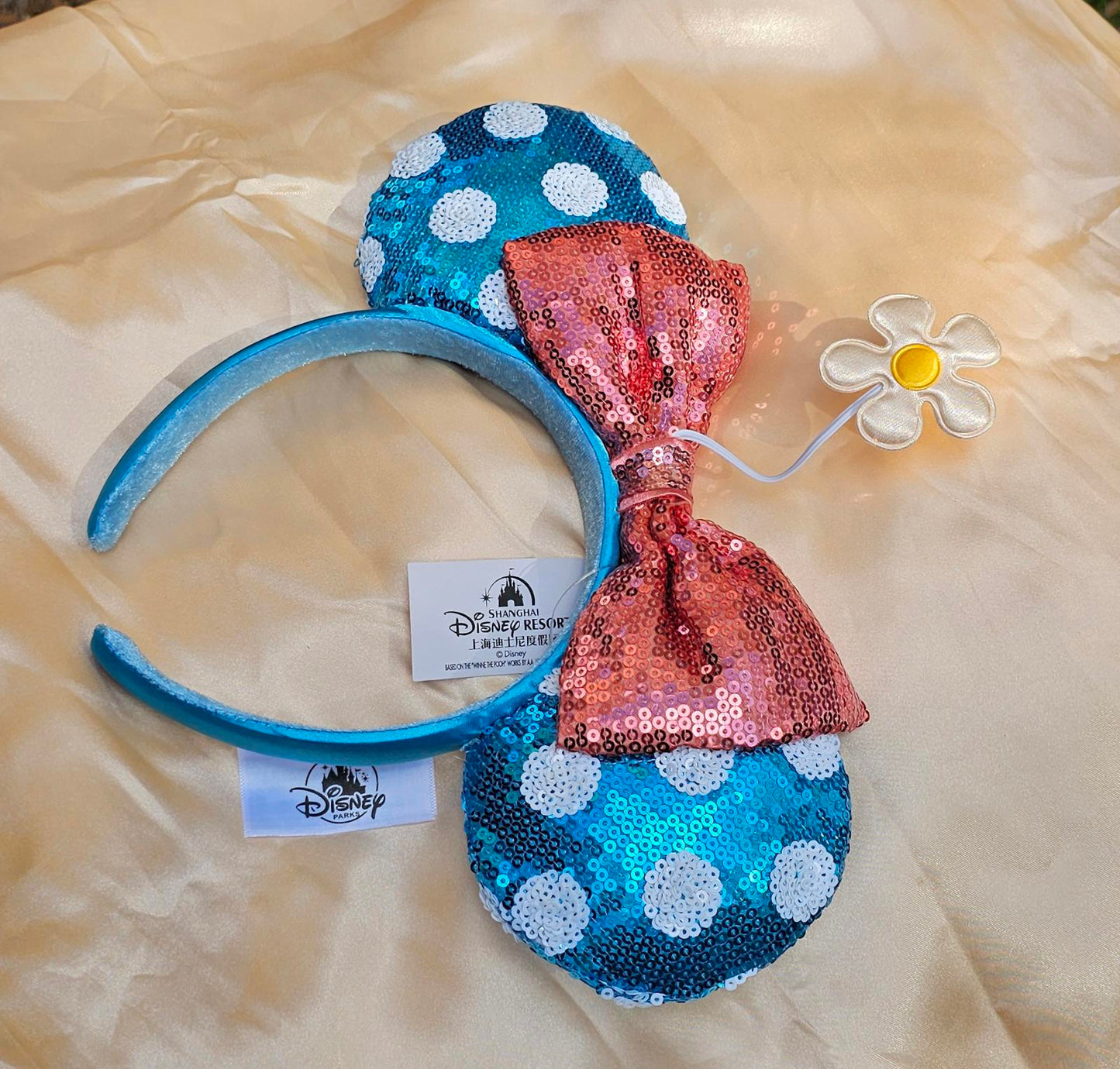Disney Parks White polka dot blue Minnie Ears Bow Sequin Little Flower Headband