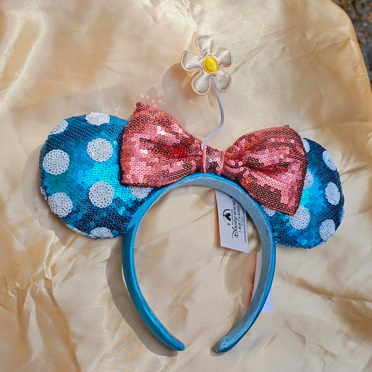 Disney Parks White polka dot blue Minnie Ears Bow Sequin Little Flower Headband