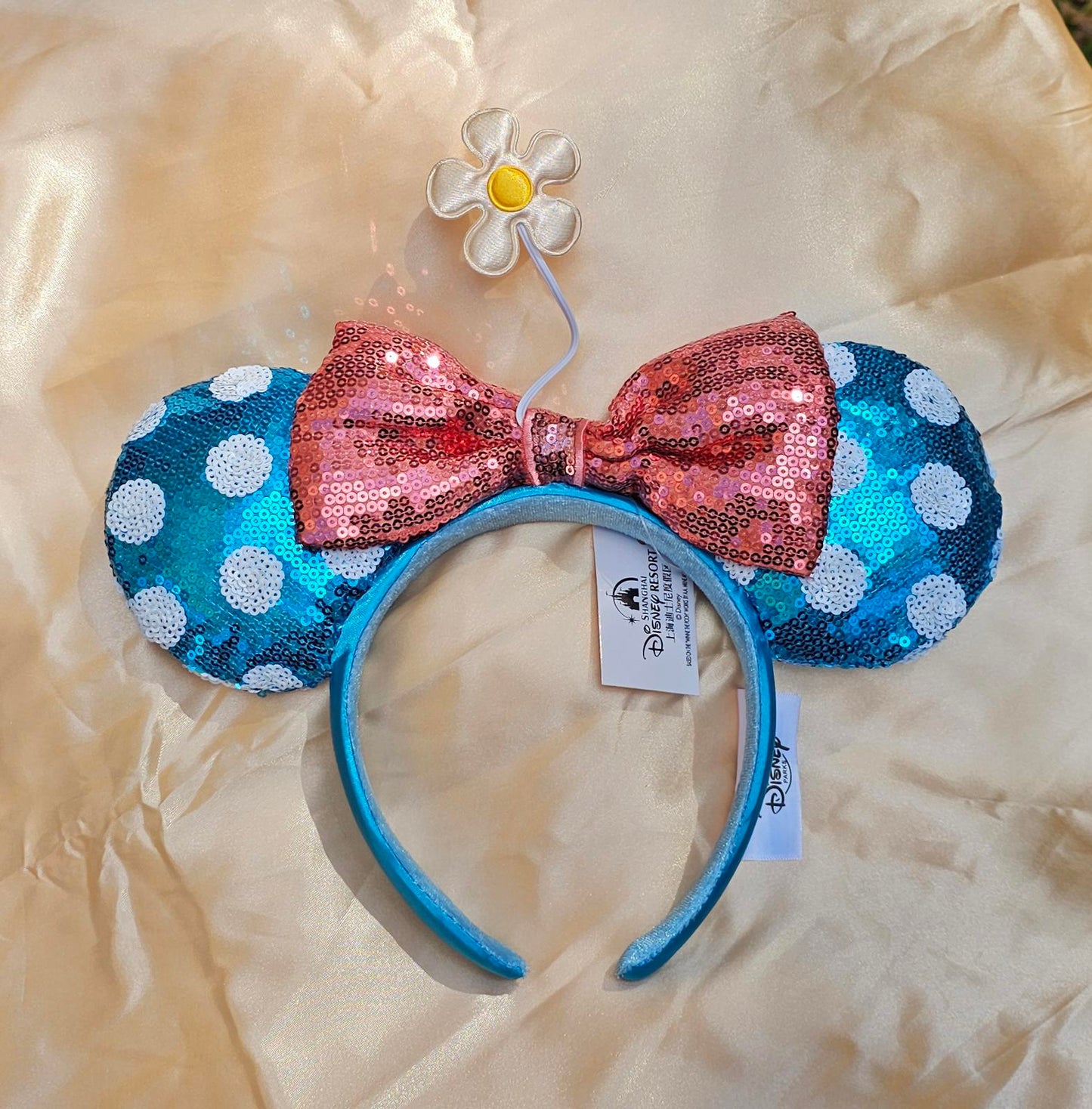 Disney Parks White polka dot blue Minnie Ears Bow Sequin Little Flower Headband