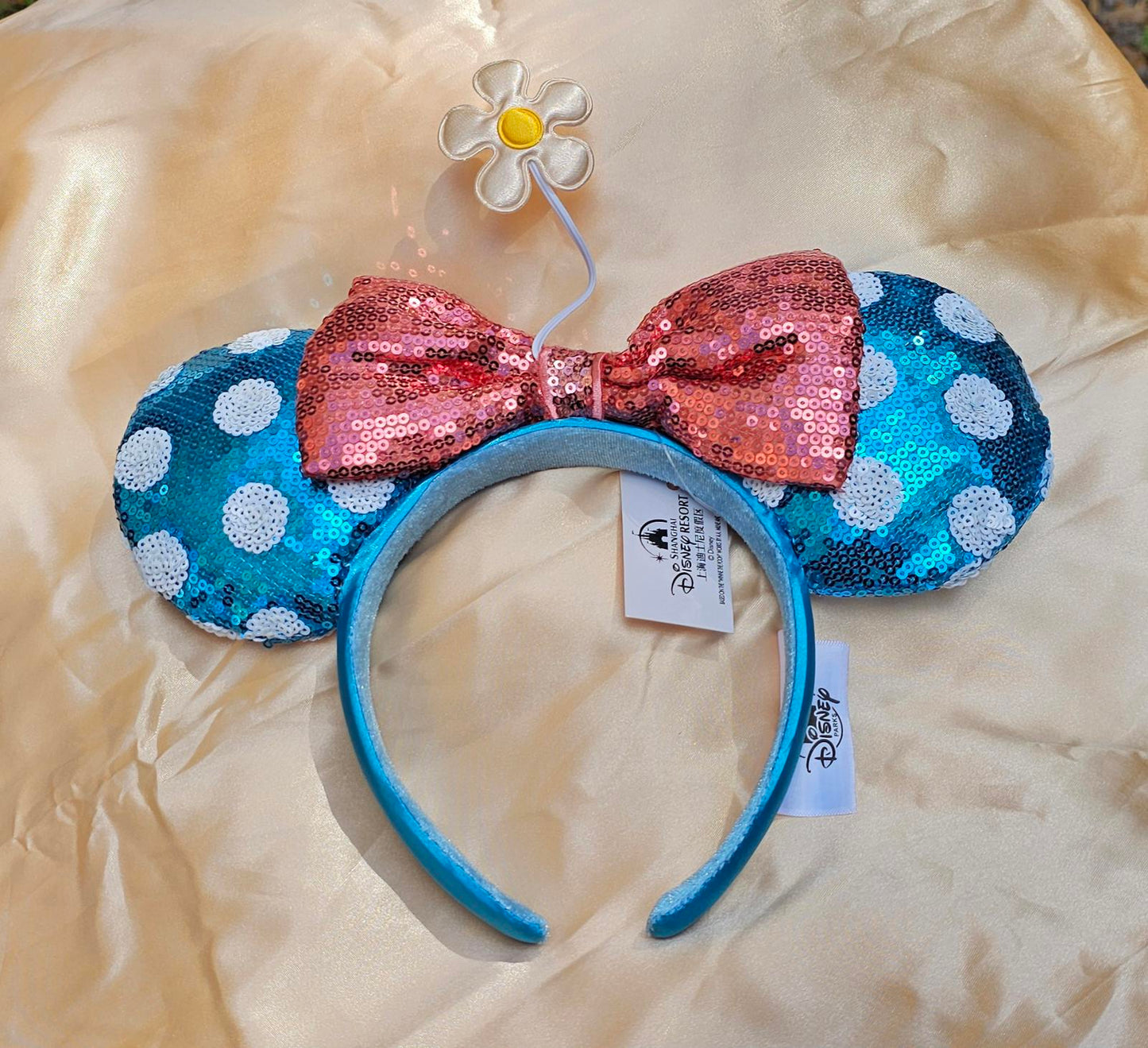 Disney Parks White polka dot blue Minnie Ears Bow Sequin Little Flower Headband