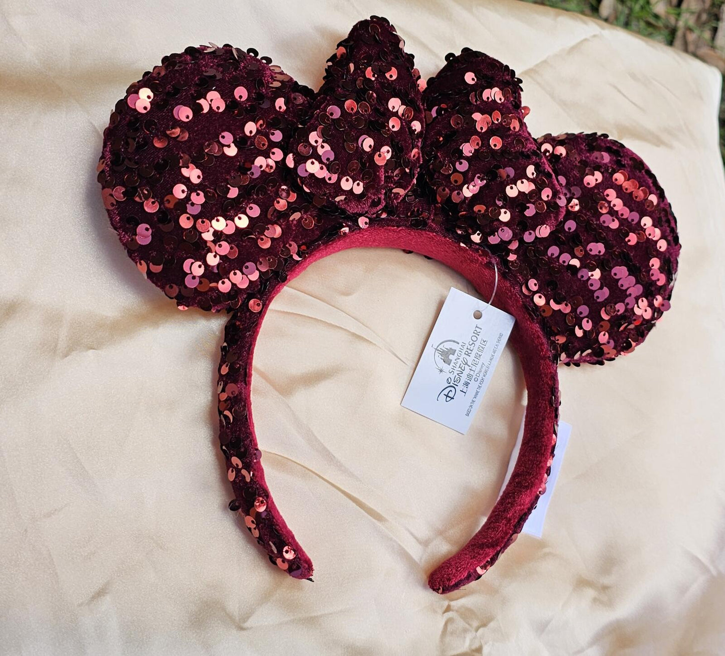 Disney Parks Dark Red Sequin Minnie Ears Headband Burgundy