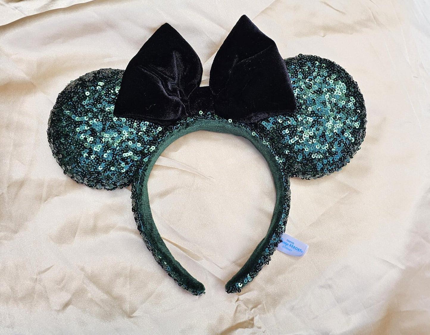 Dark Green Sequin Minnie Ears Headband Black Bow