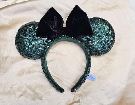 Dark Green Sequin Minnie Ears Headband Black Bow