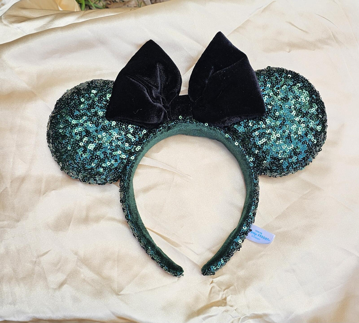 Dark Green Sequin Minnie Ears Headband Black Bow