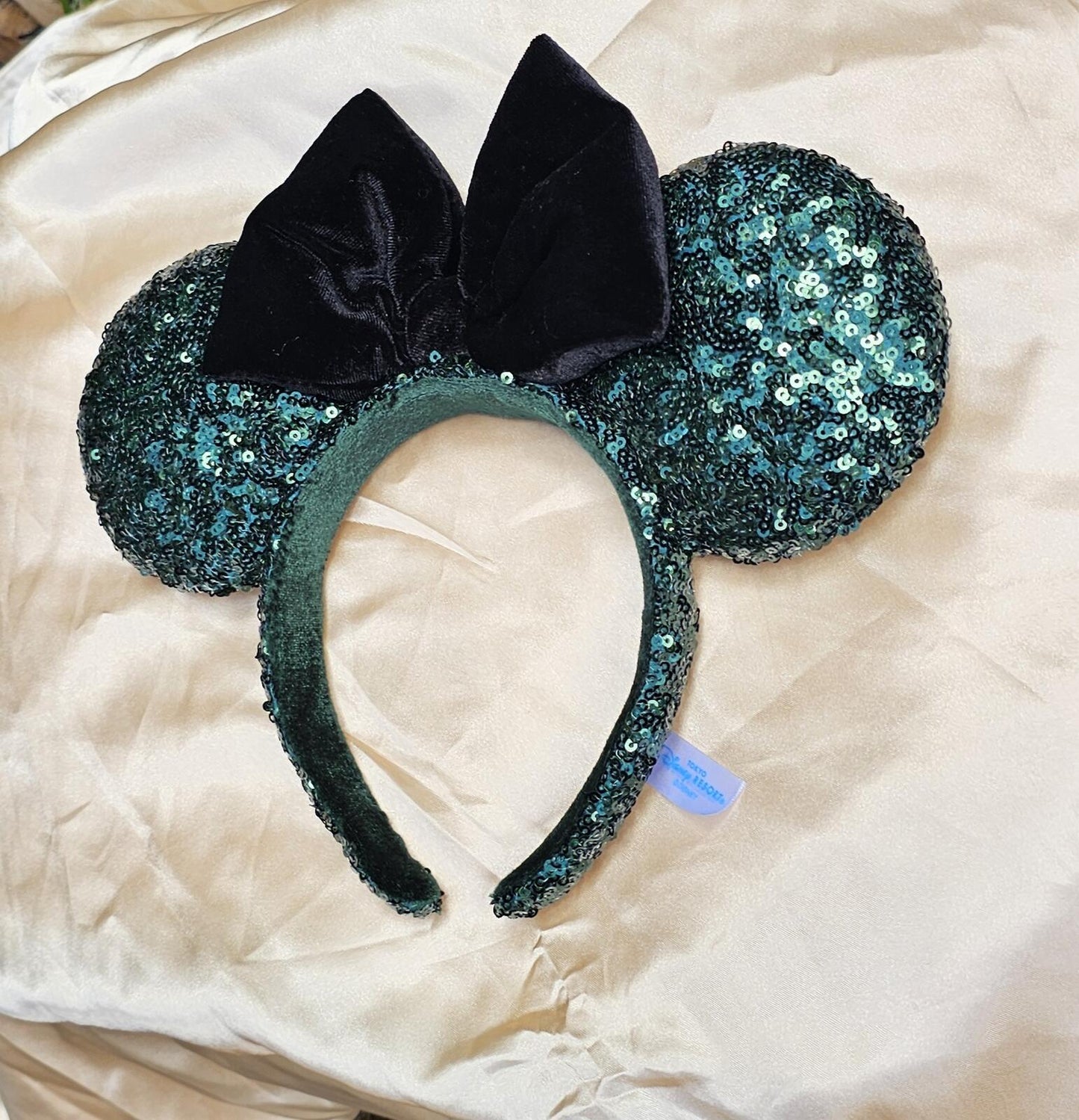 Dark Green Sequin Minnie Ears Headband Black Bow