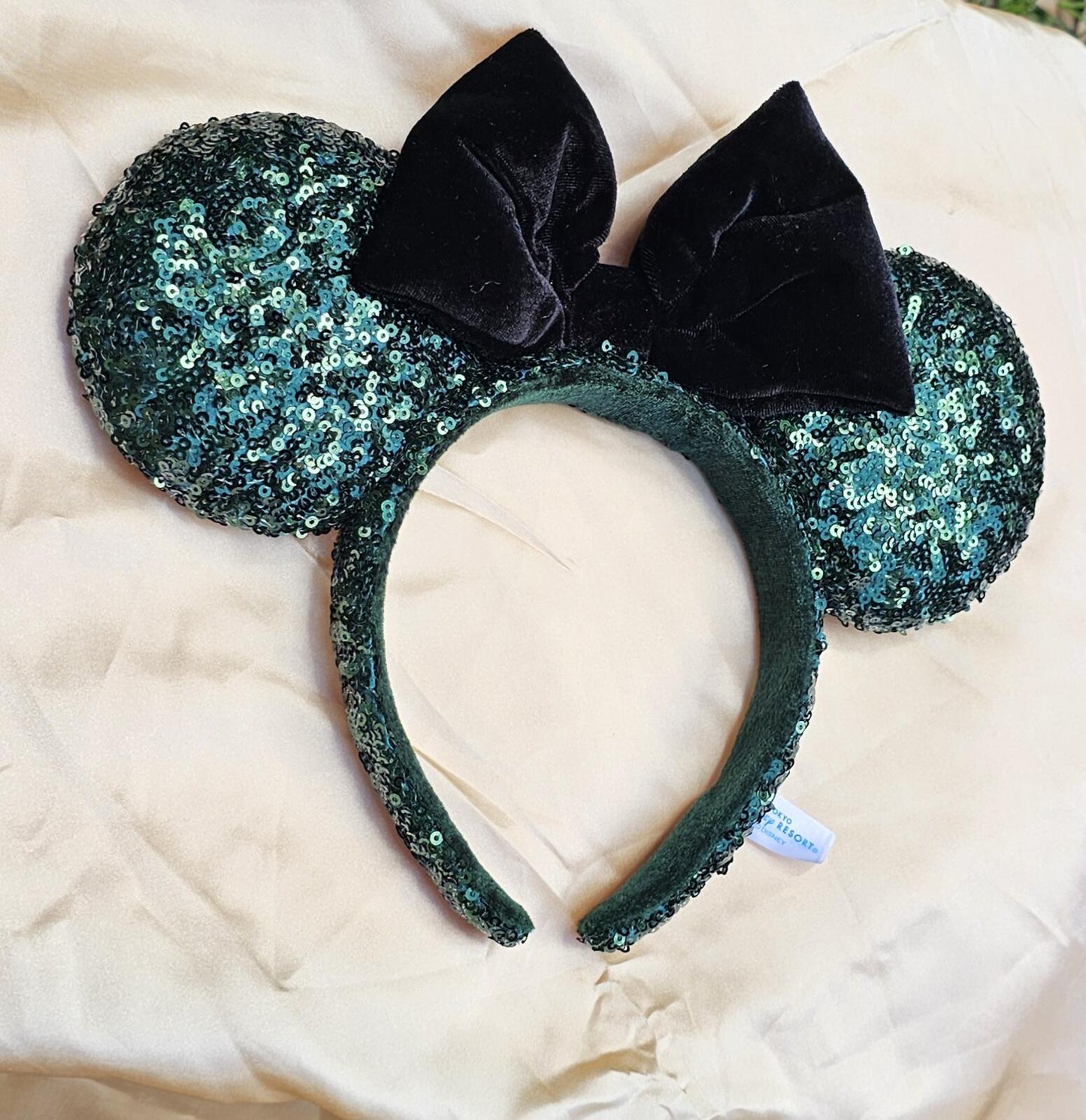 Dark Green Sequin Minnie Ears Headband Black Bow