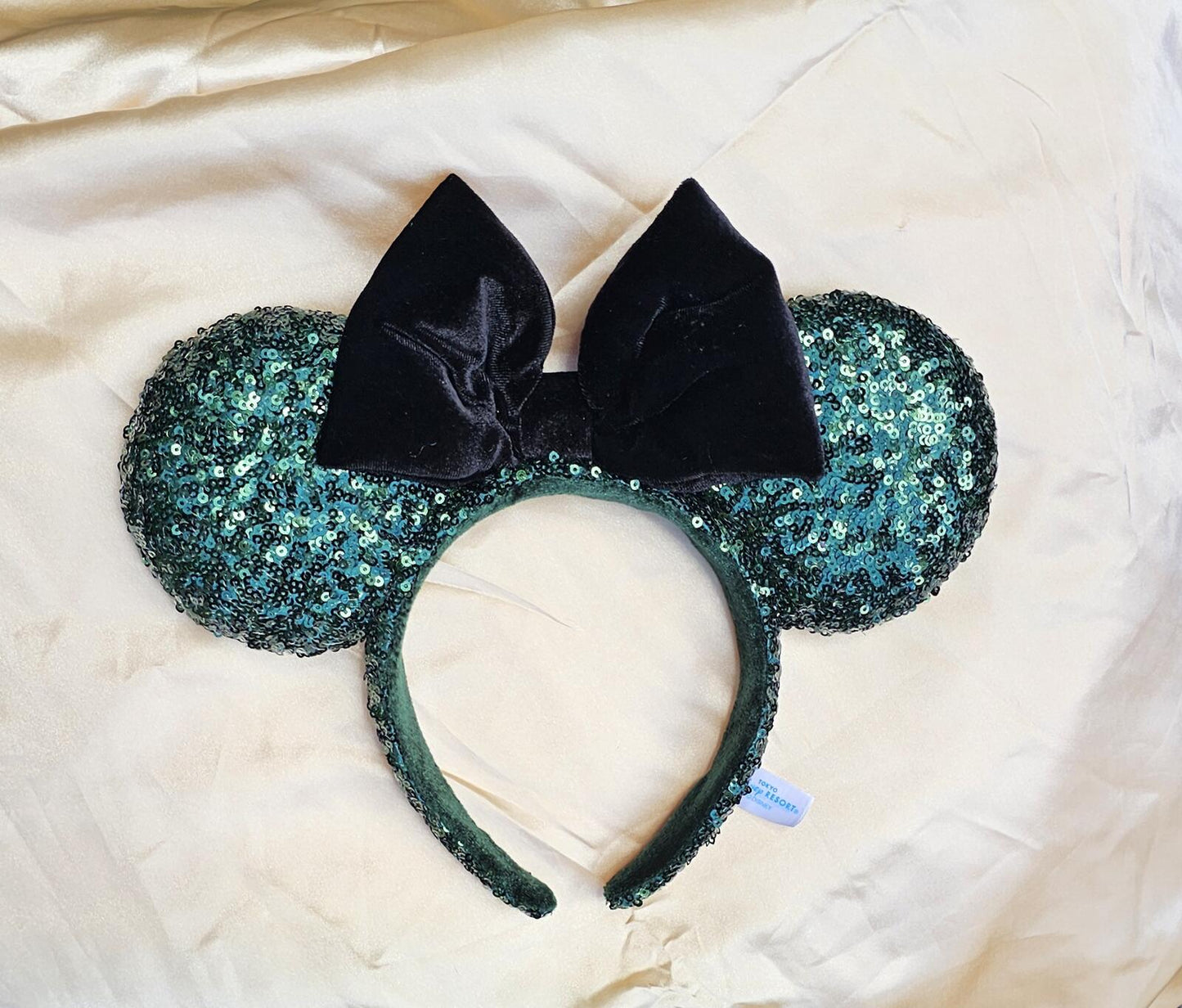 Dark Green Sequin Minnie Ears Headband Black Bow
