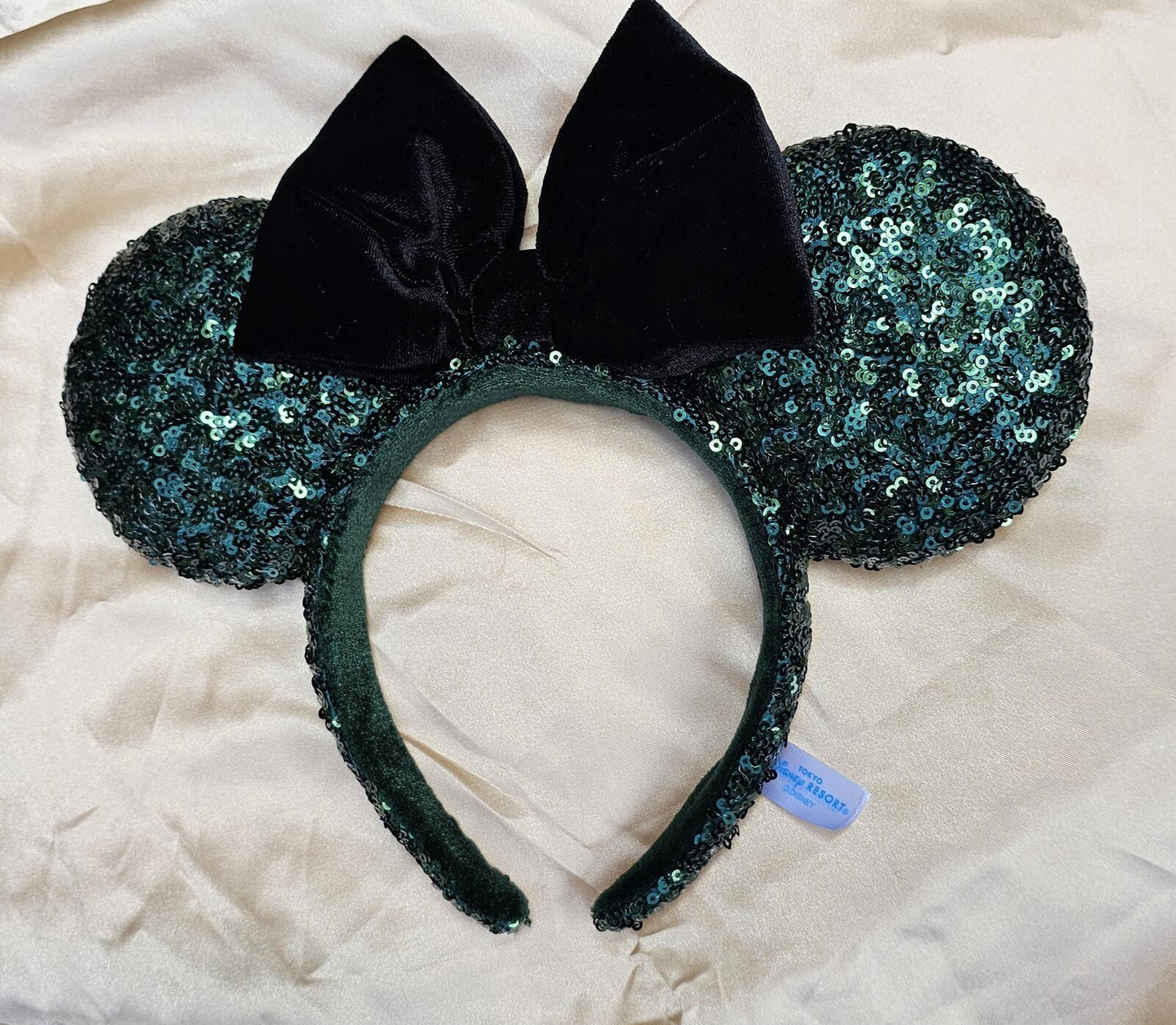 Dark Green Sequin Minnie Ears Headband Black Bow
