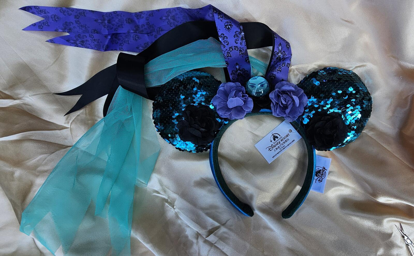 Disney Parks Haunted Mansion Veil Minnie Ears Leota Mickey Mouse Blue Headband