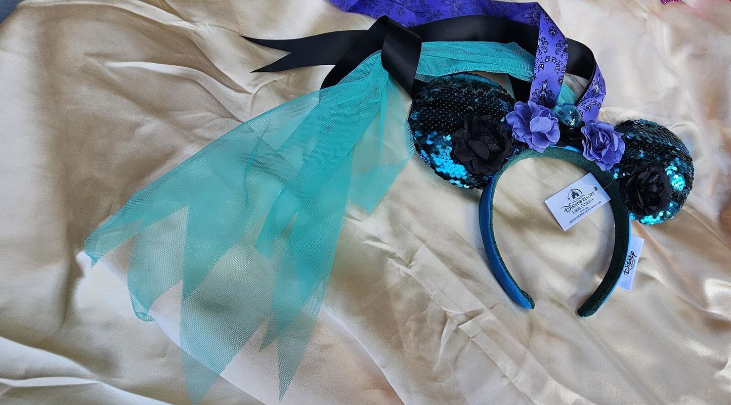 Disney Parks Haunted Mansion Veil Minnie Ears Leota Mickey Mouse Blue Headband