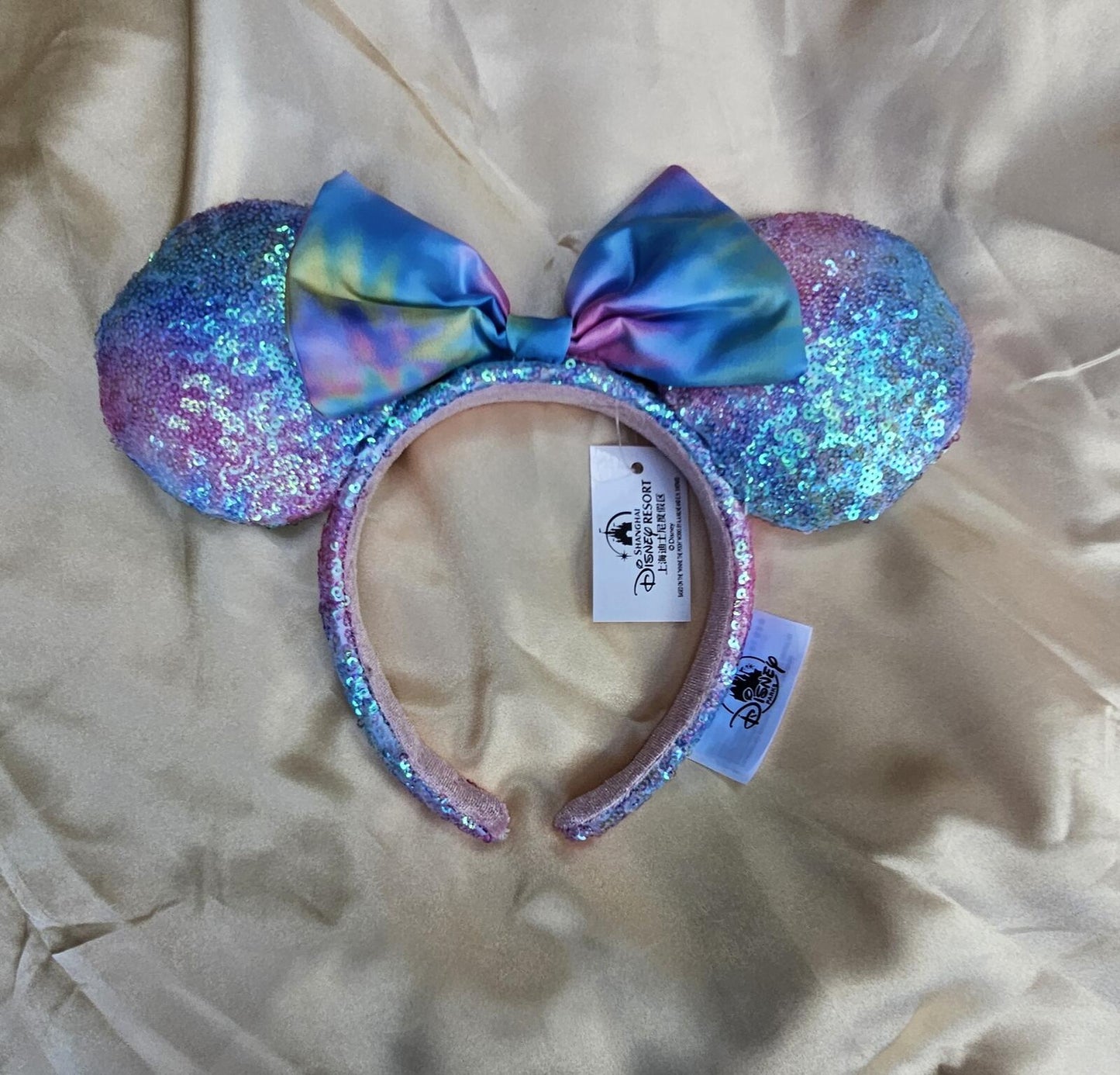 Disney Parks Tie Dye Pastel Ears Headband Pink Blue Gradient Sequin Bow