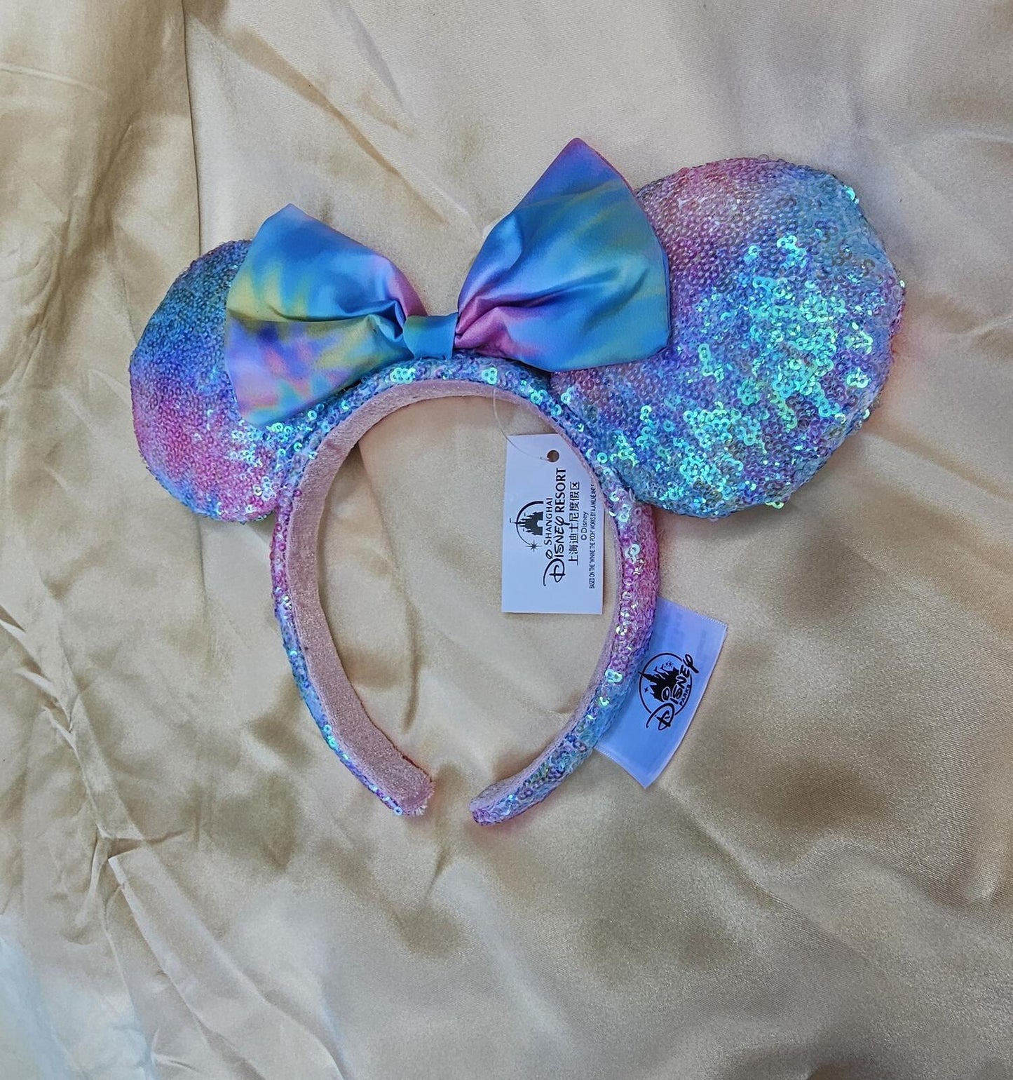 Disney Parks Tie Dye Pastel Ears Headband Pink Blue Gradient Sequin Bow