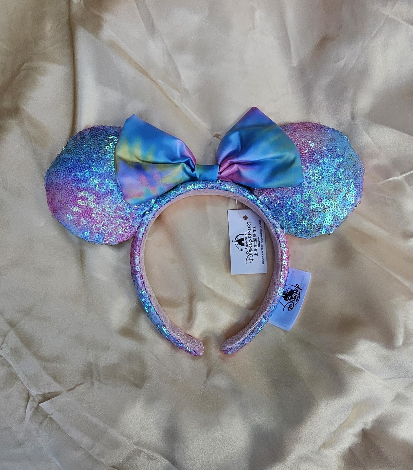 Disney Parks Tie Dye Pastel Ears Headband Pink Blue Gradient Sequin Bow