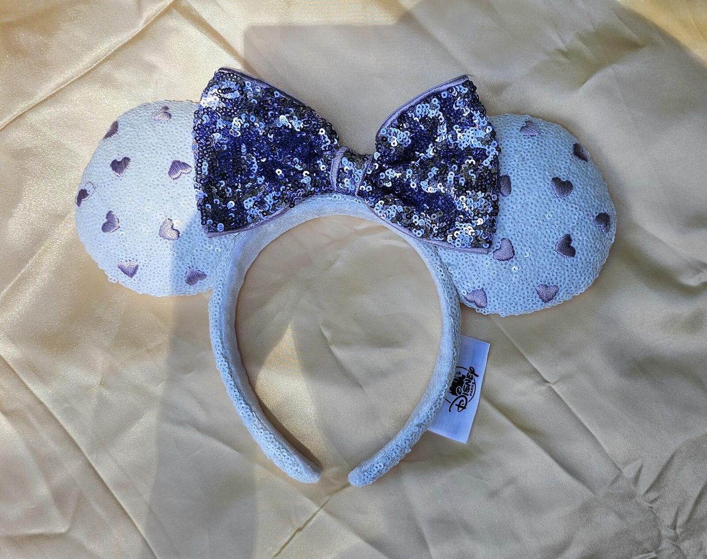 Disney Purple Heart White Sequin Minnie Mickey Mouse Ear Bow Headband