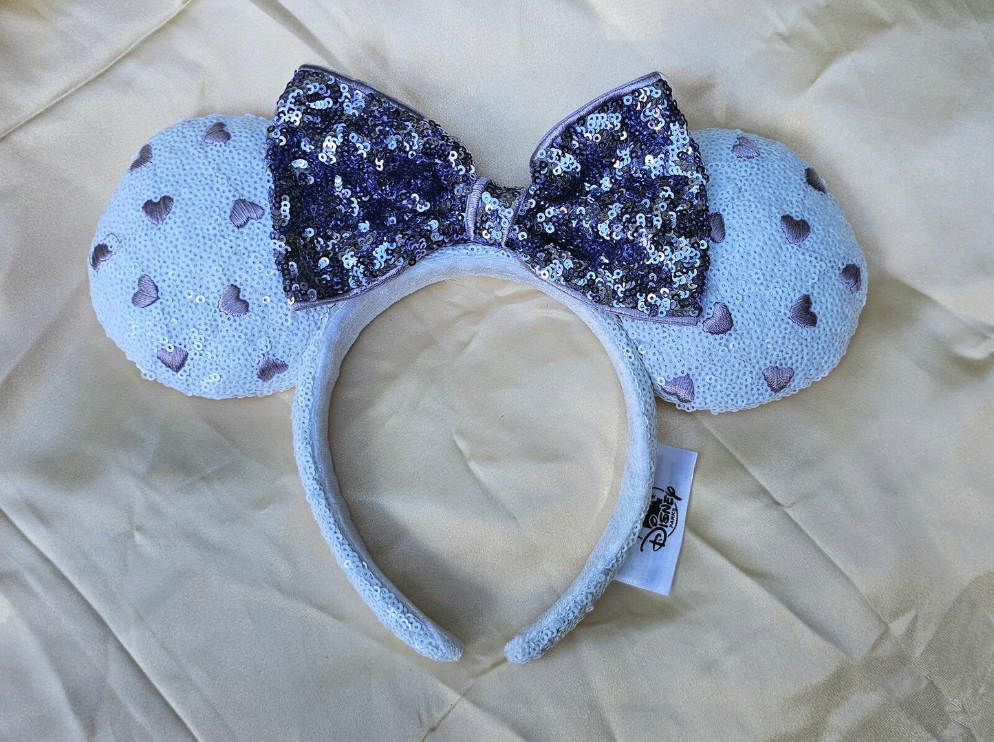 Disney Purple Heart White Sequin Minnie Mickey Mouse Ear Bow Headband
