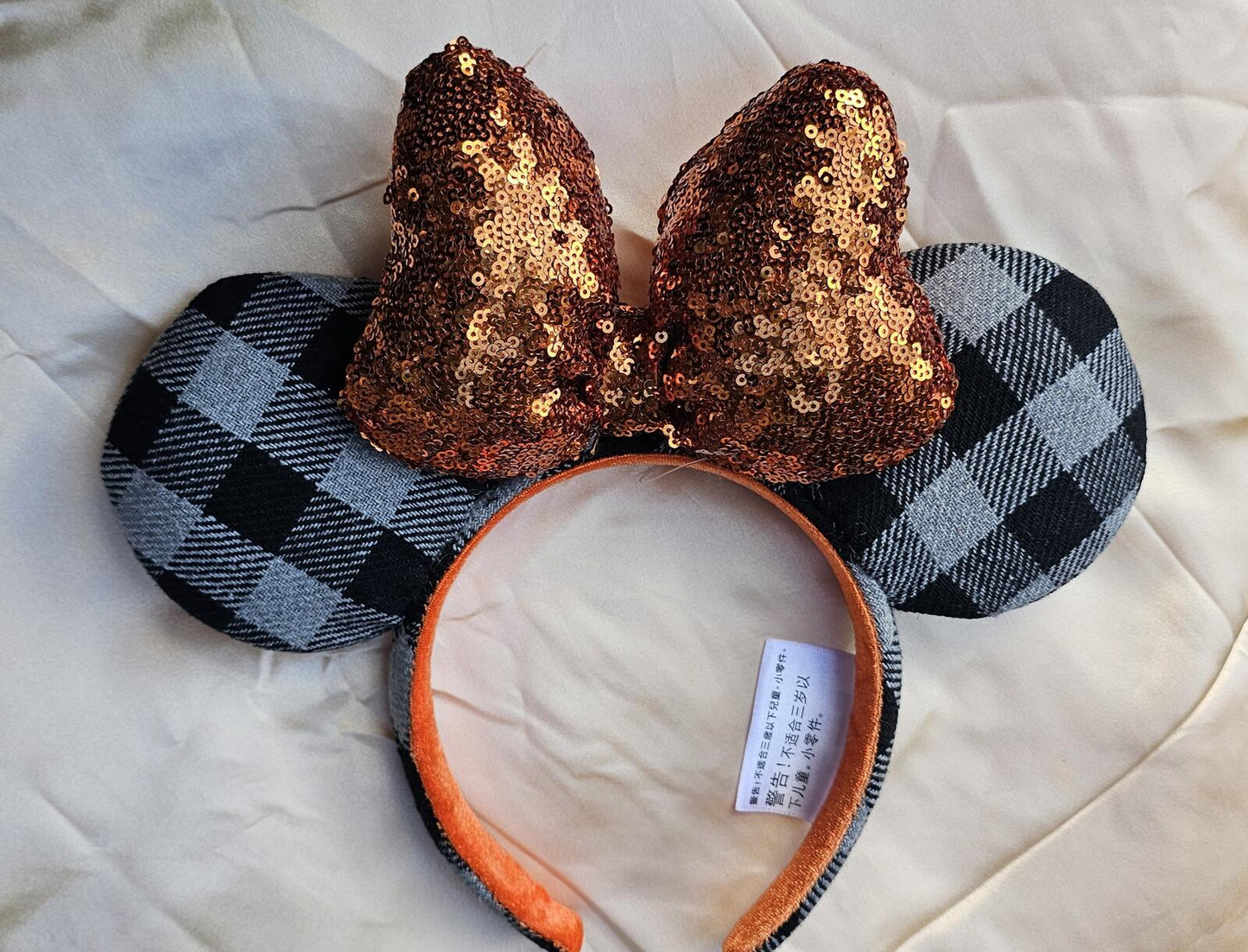 Autumn Minnie Mouse Ears Orange Bow Sequin Halloween Gray Plaid Headband 2026