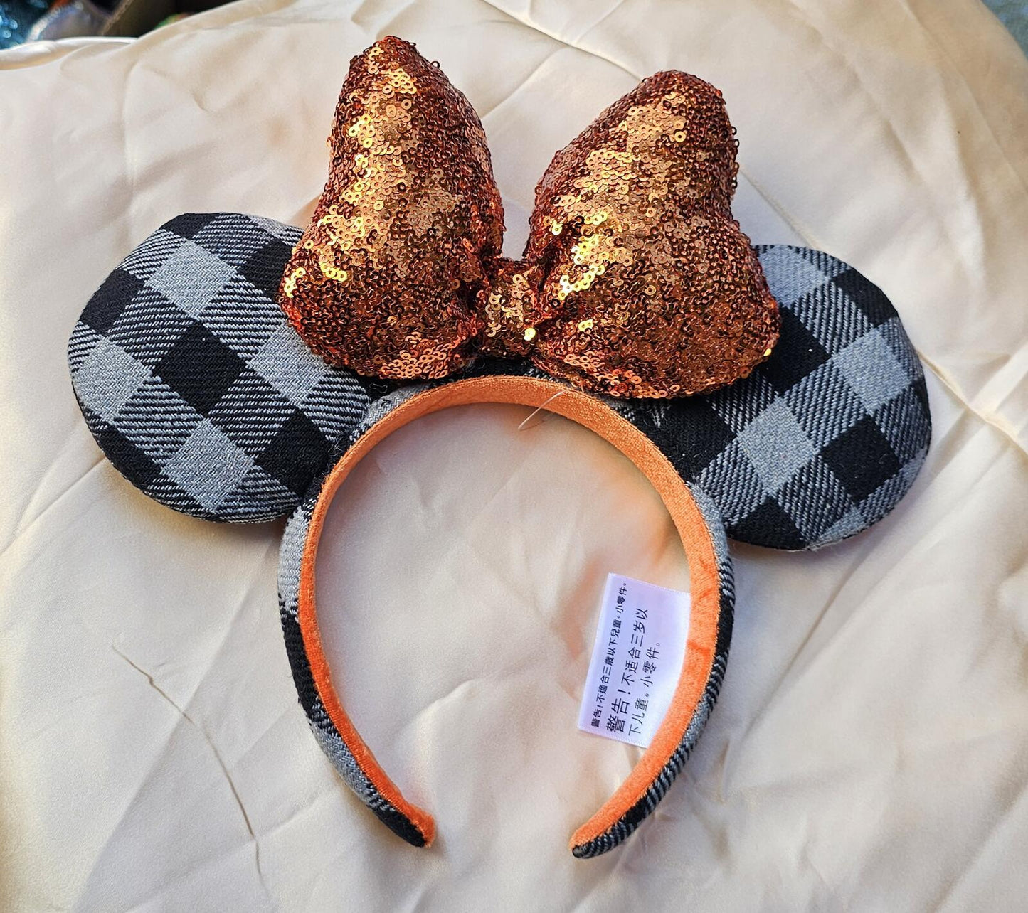 Autumn Minnie Mouse Ears Orange Bow Sequin Halloween Gray Plaid Headband 2026