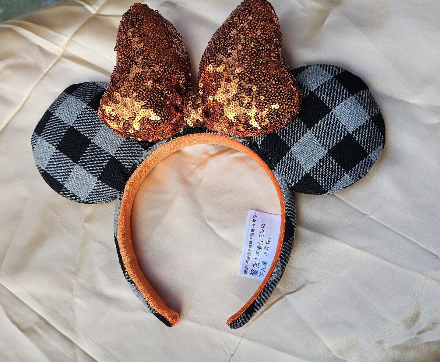 Autumn Minnie Mouse Ears Orange Bow Sequin Halloween Gray Plaid Headband 2026