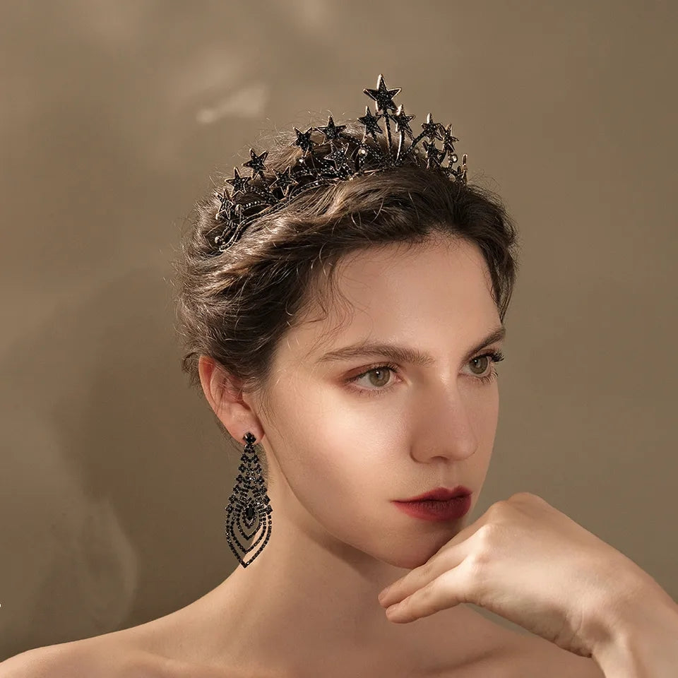 Vintage Baroque Black Star dark Princess Crowns Queen headdress jewelry