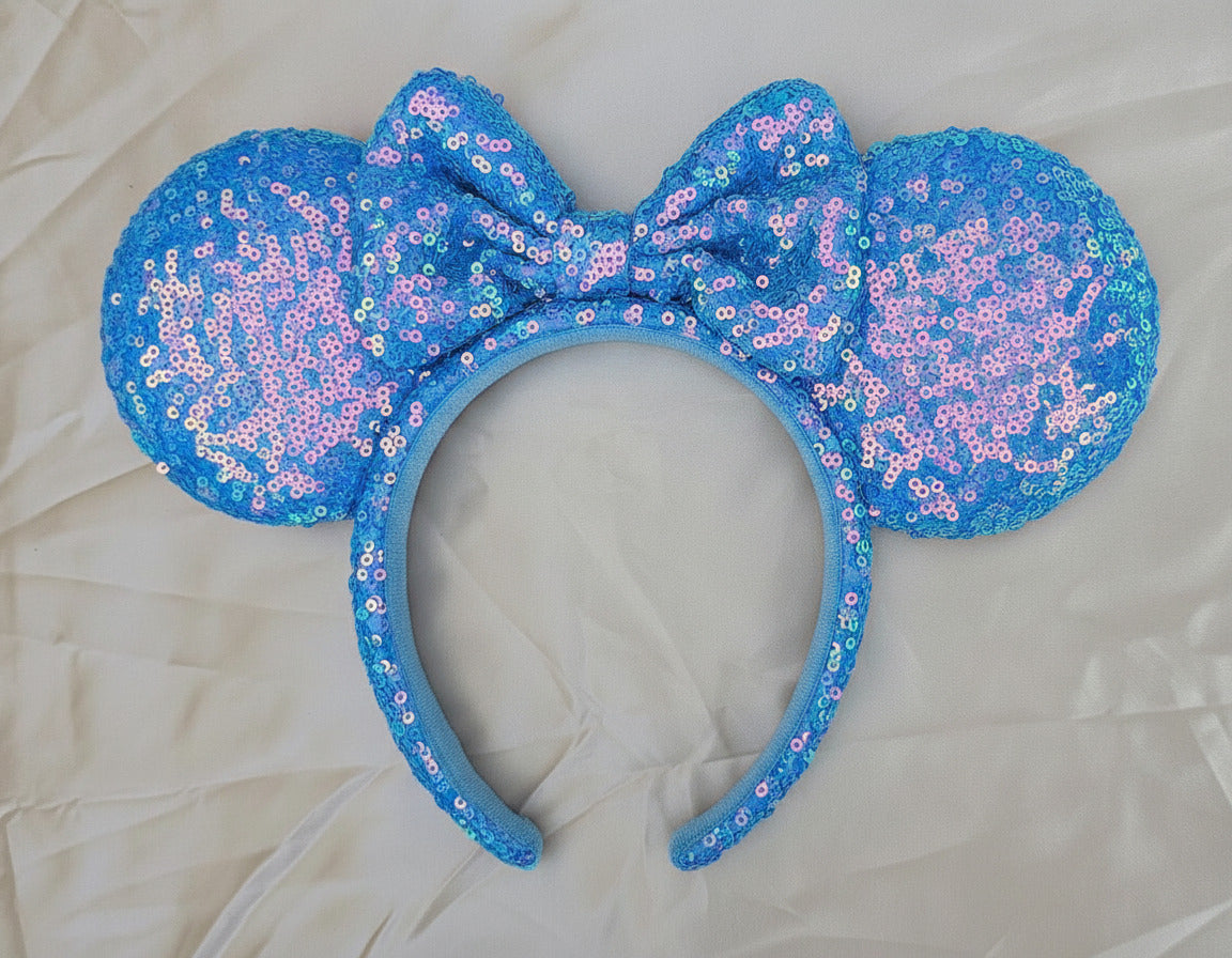 Aurora Blue Sequin Minnie Mickey Mouse Ears Bow Headband Gifts