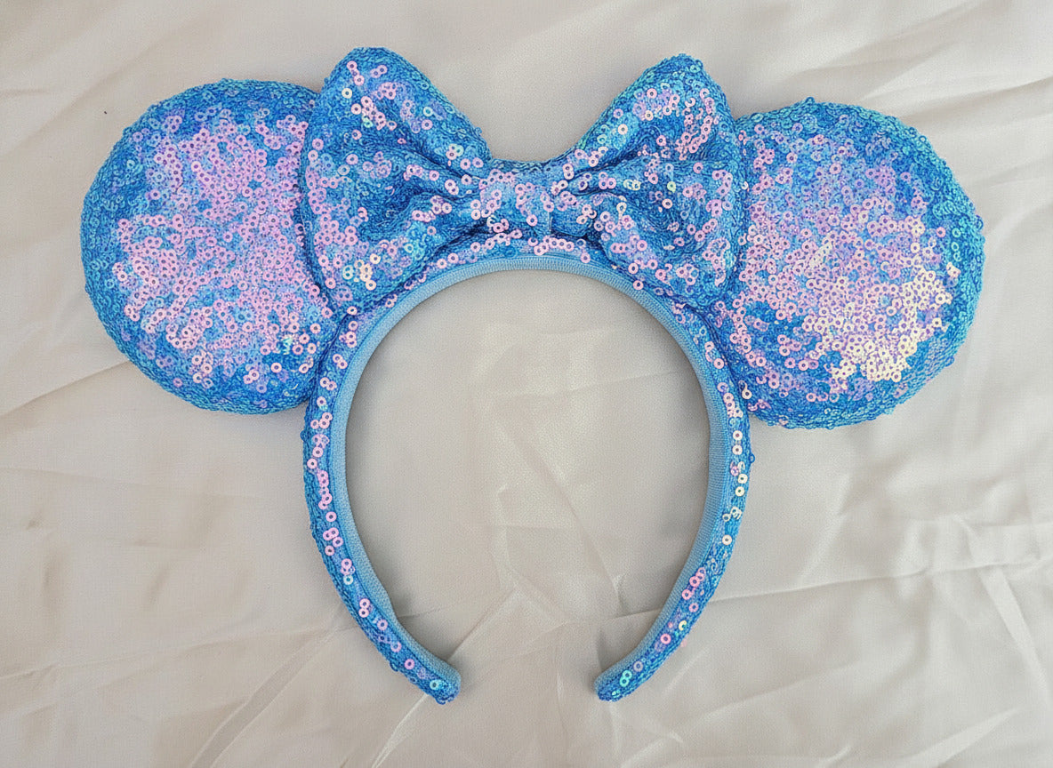 Aurora Blue Sequin Minnie Mickey Mouse Ears Bow Headband Gifts