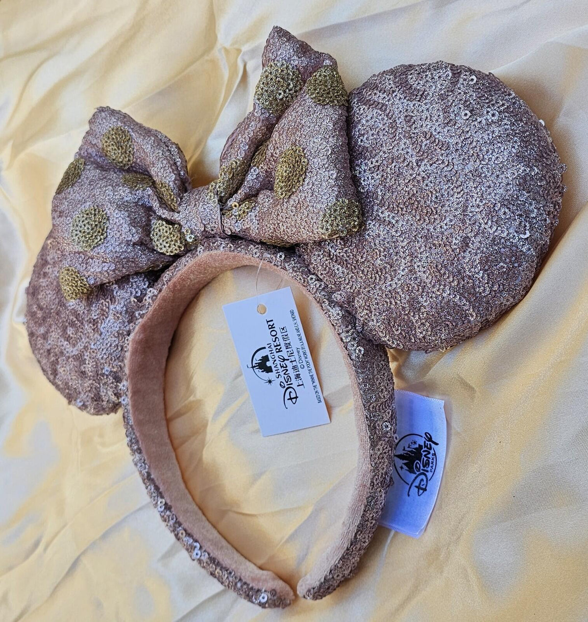 Disney Parks Unique Mauve Rose Gold Sequin Bow Minnie Ears Headband Sparkly