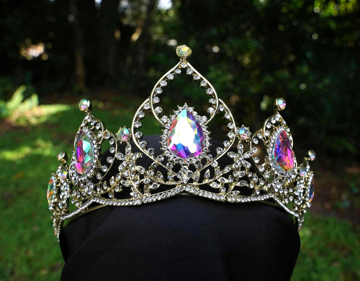 Holographic Crystal Tiara Bridal Crown Birthday Wedding Gift Diadem Gold pink