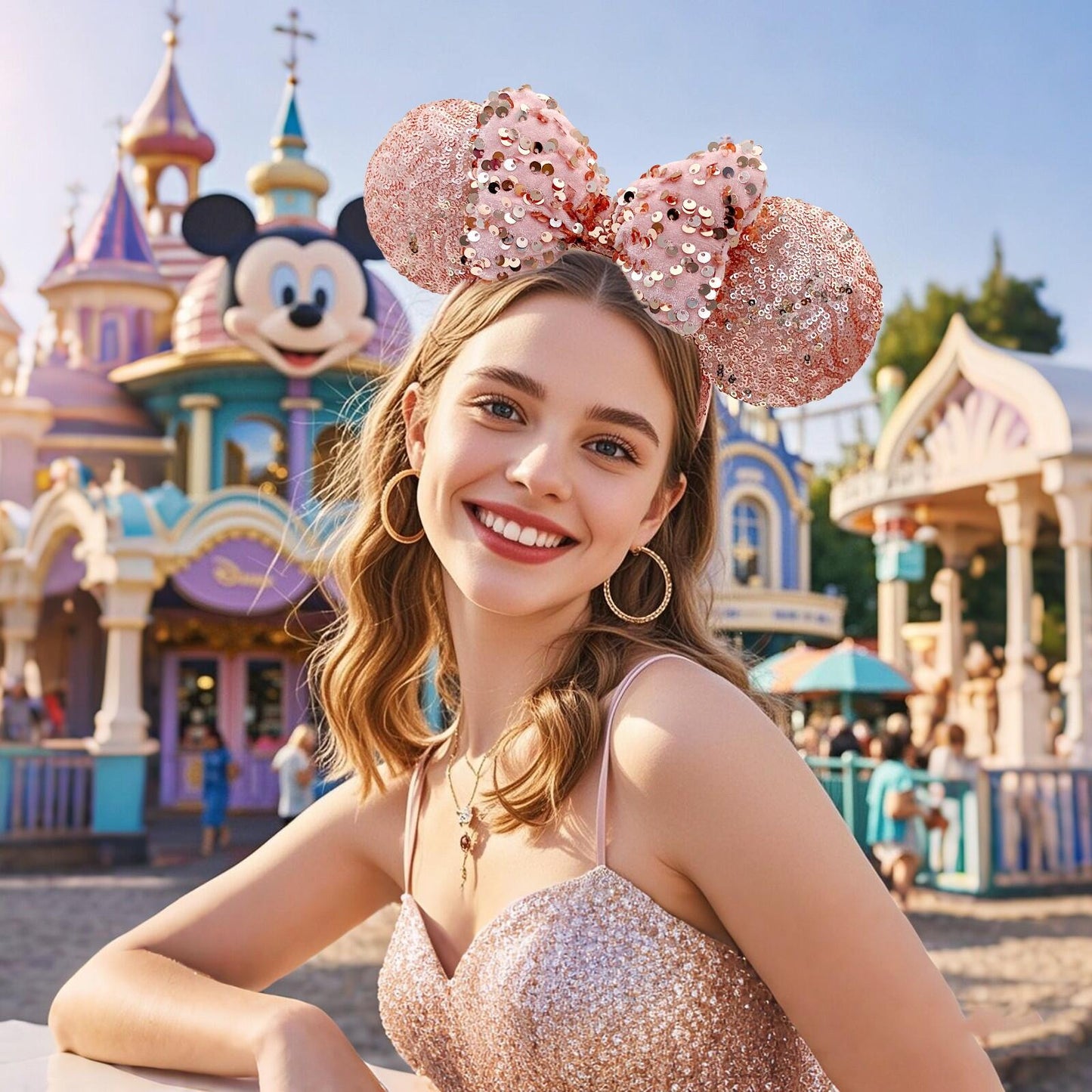Puffy Rose Gold Sequin Minnie Mouse Ears Headband Bow