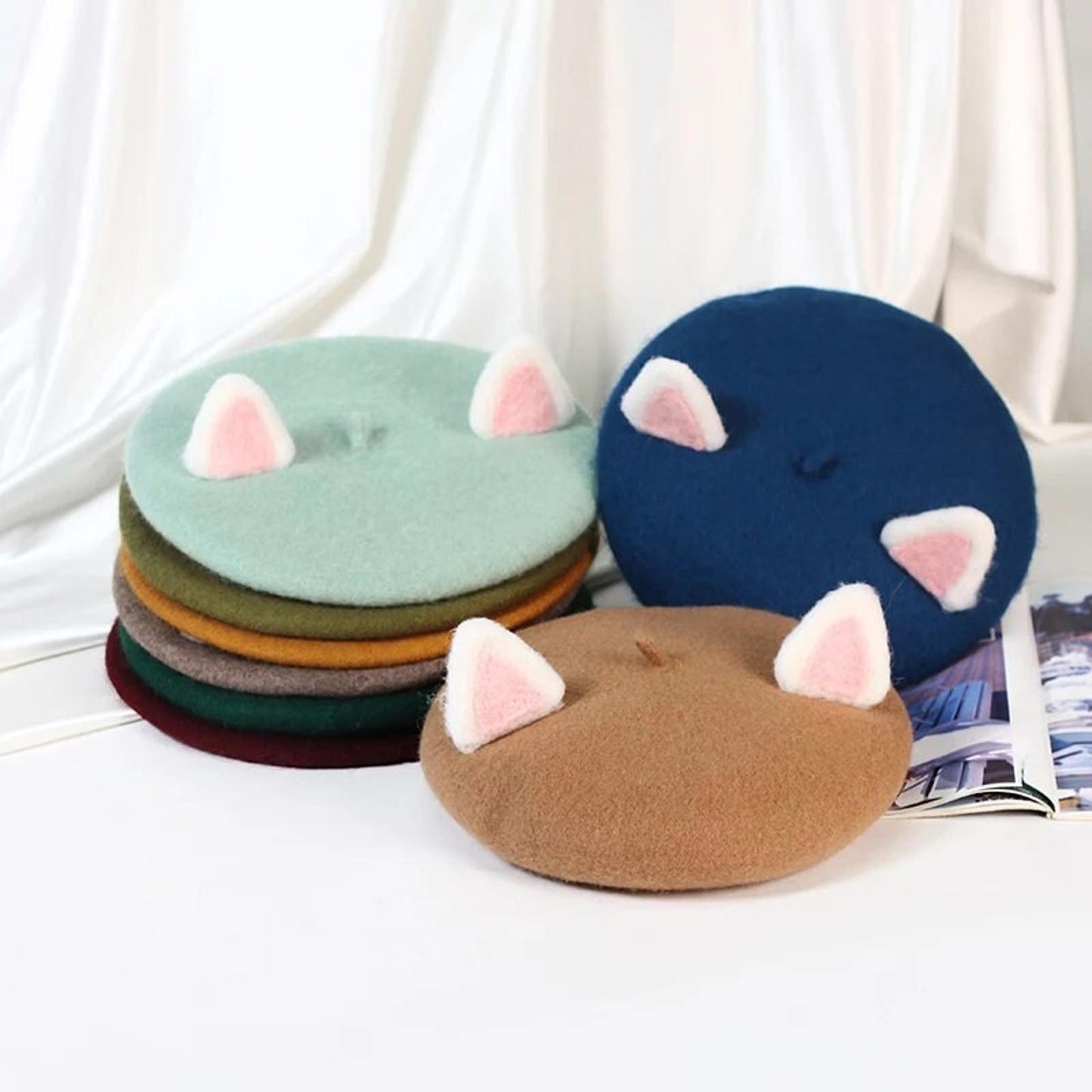 Cute Cat Ear Beret: Kawaii Wool Winter Hat & Cap (High Quality) Mauve Pink